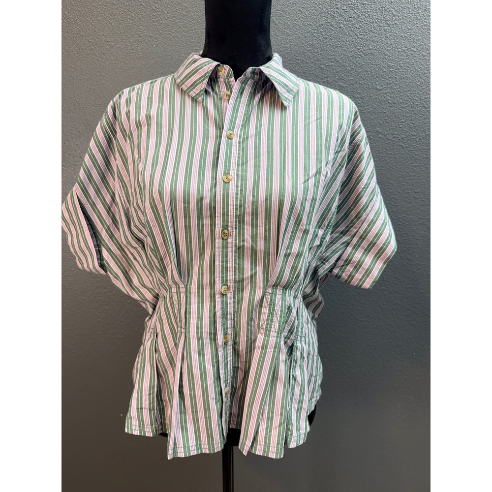 Pilcro Shirt Womens Medium Green Purple Cotton Stripe Cinched Waist Preppy Chic